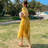 lovefery Summer Bohemian Yellow Women's Senior Sense Chiffon V-neck High Waist Thin Temperament Elegant Fashion Seaside Resort Long Dress