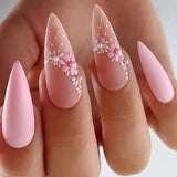 24Pcs Long Stiletto Fake Nail Pink Marble Design Wearable French Almond False Nails Full Cover Press on Nails DIY Stick on Nails