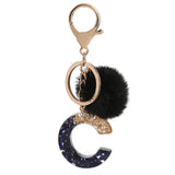 LoveFery - Black Pompom Letter Keychain Glitter Gradient Resin A-Z Initials Alphabet Keyring Pendant Women Handbag Phone Decorative Gift