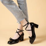 lovefery Black Retro Cross-Tie Pumps Casual  Summer Marry Janes Round Toe Shoes Ladies Lolita Sweet Fashion Shoes Woman Bow Design