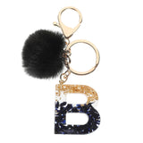 LoveFery - Black Pompom Letter Keychain Glitter Gradient Resin A-Z Initials Alphabet Keyring Pendant Women Handbag Phone Decorative Gift