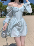 lovefery Long Sleeve Dress Female Blue Sweet A-Line Summer High Waist Vintage Slim Fairy Dress Princess Dress Sundress Beachwear Holiday Fairy Dress