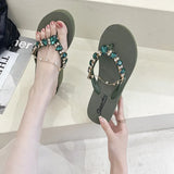 lovefery New Ins Rhinestone Chain Thick-soled Flip-flops Women Wear Beach Holiday Sandals and Slippers with Wedges Outside Summer.