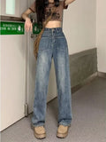 lovefery Retro Blue Distressed Korean Version High-waisted High-straight Design Loose Jeans