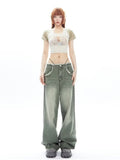 lovefery Vintage Vintage Green Wide Leg Jeans For Women's High Street High Waisted Drape Straight Leg Wide Leg Mop Pants For Women'sJeans