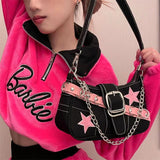 LoveFery - Japanese Fashion Cool Dark Harajuku Style Denim Bag Pink Star Metal Chain Women's Bag Underarm Bag Tote Bag Purses Handbags