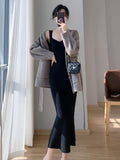 lovefery Korea Summer New Women White Elegant V-neck Knit Slip Long Dress French Black Sexy Club Slim Prom Evening Party Fishtail Dresses