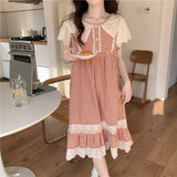 lovefery Plaid Retro Elegant Casual NightDress Soft Ruffles Sweet Simple Summer O-Neck Princess Long Sleepwear Cotton Lace Short sleeve