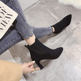 lovefery Autumn Winter Women Boots Elastic Ankle Boots Pointed Toe Thick Heel High Heels Shoes Woman Female Plus Fleece Warm Socks Boots