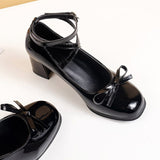 lovefery Black Retro Cross-Tie Pumps Casual  Summer Marry Janes Round Toe Shoes Ladies Lolita Sweet Fashion Shoes Woman Bow Design