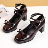 lovefery Black Retro Cross-Tie Pumps Casual  Summer Marry Janes Round Toe Shoes Ladies Lolita Sweet Fashion Shoes Woman Bow Design