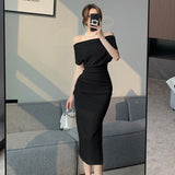 lovefery French Temperament Celebrity Wind Sexy Strapless Oblique Collar Dress Female Spring and Summer Slim Open Package Hip Long Dress