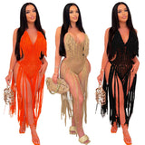 lovefery Knit Rib Tassel Bodysuit Rompers Sexy Fishnet Halter Lace Up V Neck See Through Jumpsuit Women Summer Beach Wear One Piece Dress