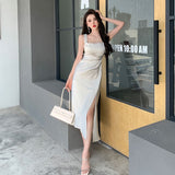 lovefery Summer Fashion Women Elegant White Satin French Dress Sexy Square Collar Silk Long Bodycon Dress Wedding Cocktail Prom Dresses