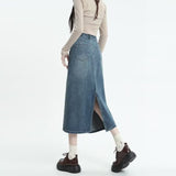 lovefery Retro Denim Skirt For Women Spring And Autumn New Summer Mid Length Slim A-line Split Long Skirt Skirt