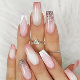 24Pcs Extra Long Square Press on Nails Detachable French False Nails with Rhinestone Long Ballet Fake Nail Tip Finished Nails