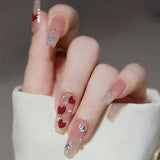 24Pcs Wearable False Nails with Glue Glitter Heart-shaped Rhinestone Design Full Cover Nail Tips Acrylic Fake Nails Press on