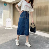 lovefery  New Denim Skirt Women's Spring And Autumn Design Sense Mid-length High Waist Large Size Slim Embroidered Long Skirt