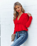 Yeva Cropped Button Down Ruffle Blouse - Red