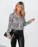 Zebra Print Mesh Button Down Top - Beige