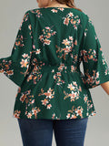 Plus Size Floral Charm - Flattering Shirred Waist Blouse with Charming Print - Stylish V Neck 3/4 Sleeve Top for Spring & Fall - Trendy Womens Plus Size Clothing