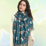 Playful Dog Breed Print Scarf - Cozy Tasseled Shawl for Autumn & Winter - Soft Accessory for Outfit Enhancement