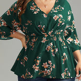 Plus Size Floral Charm - Flattering Shirred Waist Blouse with Charming Print - Stylish V Neck 3/4 Sleeve Top for Spring & Fall - Trendy Womens Plus Size Clothing