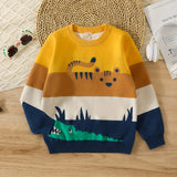 Boys' Vibrant Color Block Cartoon Tiger and Crocodile Knit Sweater - Soft Medium Stretch Cotton Blend Crew Neck Long Sleeve Pullover Top for Outdoor Play - Hand Wash Only, Fall/Winter Season, Regular Fit