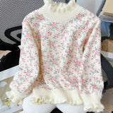 Adorable Floral Print Half Turtleneck Sweater - Soft Thick Fleece, Imitation Mink Lining, Cute Small Floral Pattern, Autumn and Winter Essential, Cozy and Warm for Girls