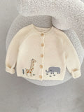 Adorable Baby Girl's Embroidered Cardigan - Soft Knitted Coat with Fun Giraffe and Elephant Graphic Print, Casual Comfortable Wear for Daily Life and Outdoor Activities in Spring and Autumn Seasons