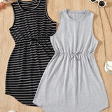 2PCS Teen Girls Fashionable Striped Sleeveless Tunic Dresses - Comfy & Breathable, Perfect for Summer Outings & Casual Wear