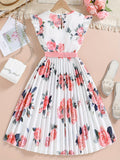 Chic Summer Floral Fit & Flare Girls' Dress with Belt – Easy-Care Polyester, Perfect for Playdates & Outings