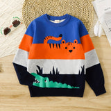 Boys' Vibrant Color Block Cartoon Tiger and Crocodile Knit Sweater - Soft Medium Stretch Cotton Blend Crew Neck Long Sleeve Pullover Top for Outdoor Play - Hand Wash Only, Fall/Winter Season, Regular Fit