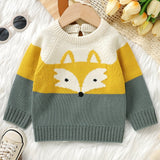 Cute Cartoon Fox Long Sleeve Baby Sweater - Soft Medium Stretch Acrylic Knit Fabric, Rib-Knit Crew Neck, Pullovers, Raglan Sleeve - Hand Washable, Perfect for Fall/Winter Season