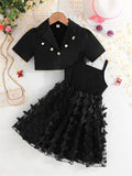 2-Piece Girls Stylish Lapel Short Jacket and Adorable Butterfly Applique Slip Dress Set - Perfect for Holiday Leisure and Summer Outfits - Thoughtful Gift Idea