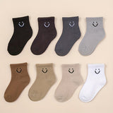 5 Pairs Of Boy's Trendy Cartoon Smile Pattern Crew Socks, Breathable Comfy Casual Style Unisex Socks For Kids Outdoor All Seasons Wearing