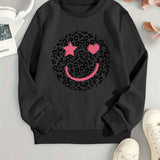 All-Season Geometric Leopard Print Casual Sweatshirt - Stretchy, Durable Crew Neck Top for Daily Comfort