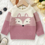 Cute Cartoon Fox Long Sleeve Baby Sweater - Soft Medium Stretch Acrylic Knit Fabric, Rib-Knit Crew Neck, Pullovers, Raglan Sleeve - Hand Washable, Perfect for Fall/Winter Season