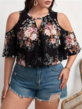 Plus Size Floral Print Blouse - Chic Keyhole Neckline, Trendy Cold Shoulder Design, Exuding Elegant Charm - Designed for Plus Size Women, Perfect for Spring and Summer Seasons, Part of Womens Plus Size Clothing Collection