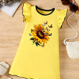 Sunflower & Butterfly Print Dress - Vibrant Sleeveless Crew Neck Ruffle Trim Cotton Dress for Summer, Perfect for Little Girls, Ideal Gift for Birthdays and Holidays, Part of Girls Casual Daily Wear Collection