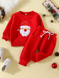 Kids' Festive Christmas Santa Graphic Pullover and Pants Set - Cute Crew Neck Long Sleeve Top with Coordinating Trousers, Polyester Knit Fabric with Slight Stretch, Solid Red Color for Fall/Winter