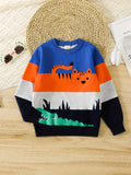 Boys' Vibrant Color Block Cartoon Tiger and Crocodile Knit Sweater - Soft Medium Stretch Cotton Blend Crew Neck Long Sleeve Pullover Top for Outdoor Play - Hand Wash Only, Fall/Winter Season, Regular Fit