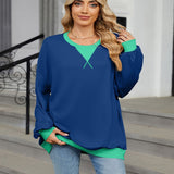 Women Autumn And Winter Solid Color Round Neck Loose Sweatshirt Sweatshirt, Block Color