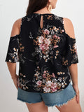 Plus Size Floral Print Blouse - Chic Keyhole Neckline, Trendy Cold Shoulder Design, Exuding Elegant Charm - Designed for Plus Size Women, Perfect for Spring and Summer Seasons, Part of Womens Plus Size Clothing Collection