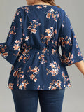 Plus Size Floral Charm - Flattering Shirred Waist Blouse with Charming Print - Stylish V Neck 3/4 Sleeve Top for Spring & Fall - Trendy Womens Plus Size Clothing