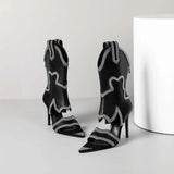 FancyQueen Peep Toe Booties Women Western Rhinestone Embellished Sexy Stiletto Fashion High Heel Elegance