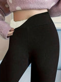 Plus Size Casual Leggings, Women's Plus Solid Liner Fleece Elastic High Rise Medium Stretch Leggings