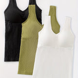 3pcs, Women's Solid Color Inner Casual Bottoming Beautiful Back Top Push-up Sleeveless Camisole With Chest Pads