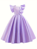 Exquisitely Handcrafted Lavender Dream Flower Girl Dress - Luxurious Satin Formal Gown with Fluttery Angelic Sleeves and Delicate Floral Embellishments for Special Occasions