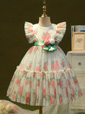 Elegant Summer  Floral Princess Dress for Girls - Durable, Knee-High with Flutter Sleeves & Belt